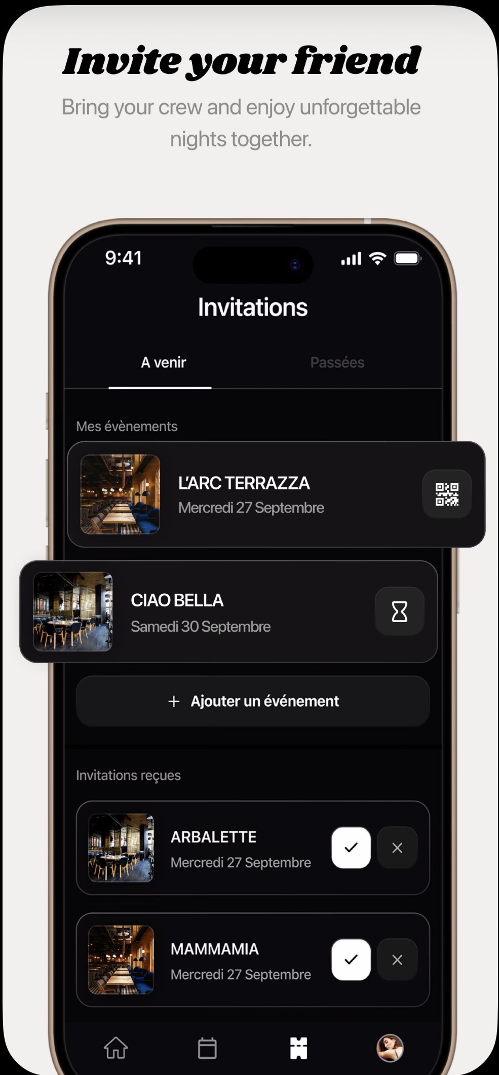 All In — écran invitations