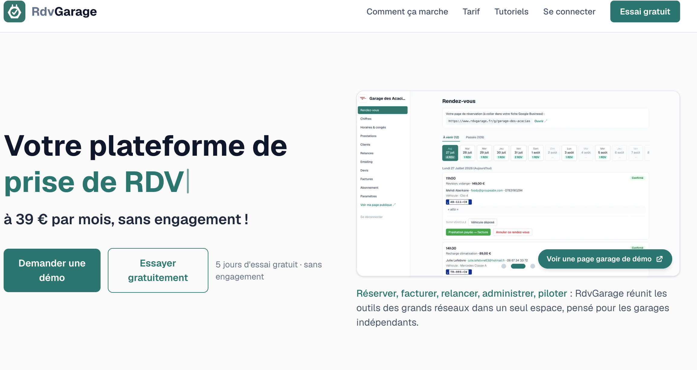 RdvGarage — page d'accueil et tableau de bord